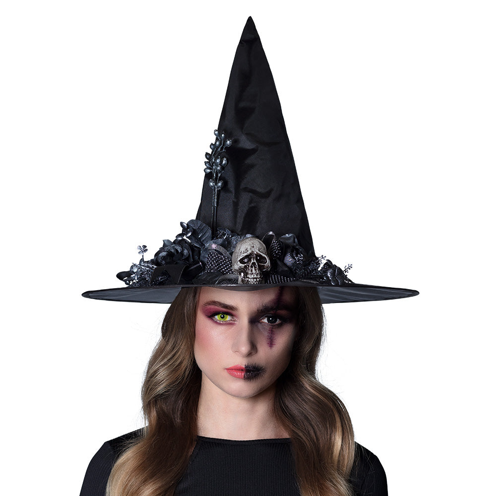 Black witch hat for adults with skull design, made of polyester, iron, and polystyrene, perfect for Halloween costumes and witch-themed parties.