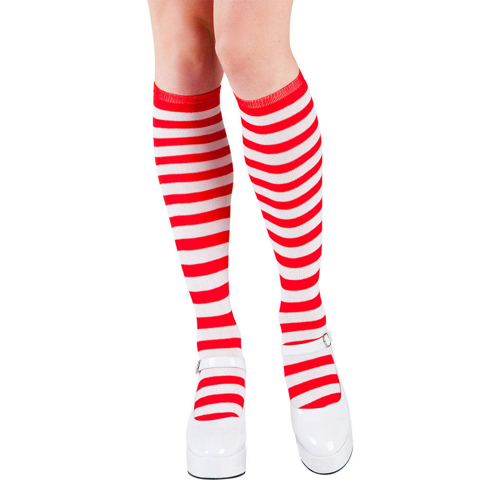 Pair of knee-high striped socks for women in red polyester, adult size, displayed with insert card packaging.