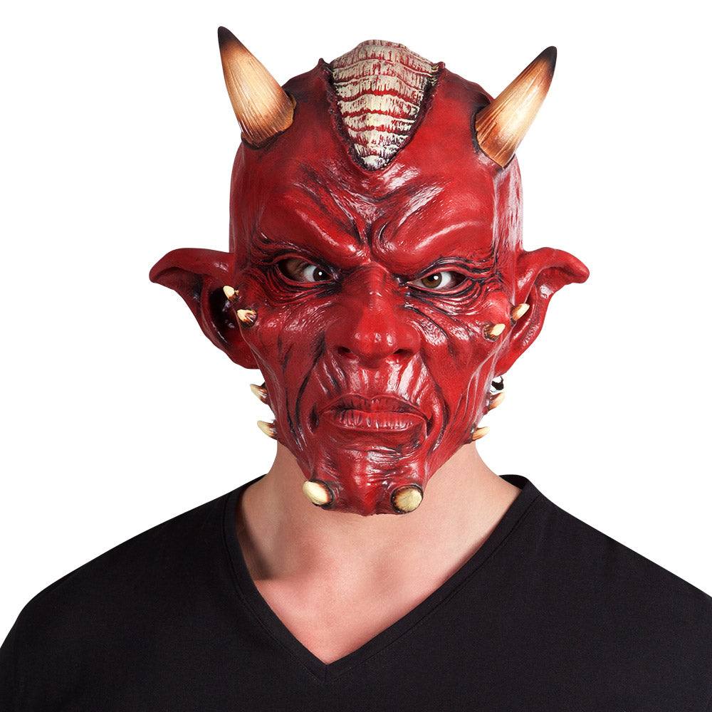 Deluxe latex devil mask for adults, realistic Halloween costume accessory with detailed features, suitable for men and women.