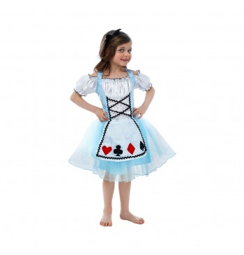 The image shows a child dressed in an Alice in Wonderland-themed costume, specifically resembling Alice, with a blue dress and white apron. The costume is accessorized with a black headband and white stockings, and the background is plain, focusing attention on the outfit.