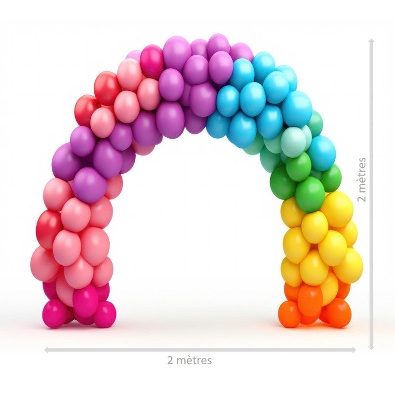 The image shows a 2-meter balloon arch frame designed to hold up to 140 balloons, intended for party decoration.