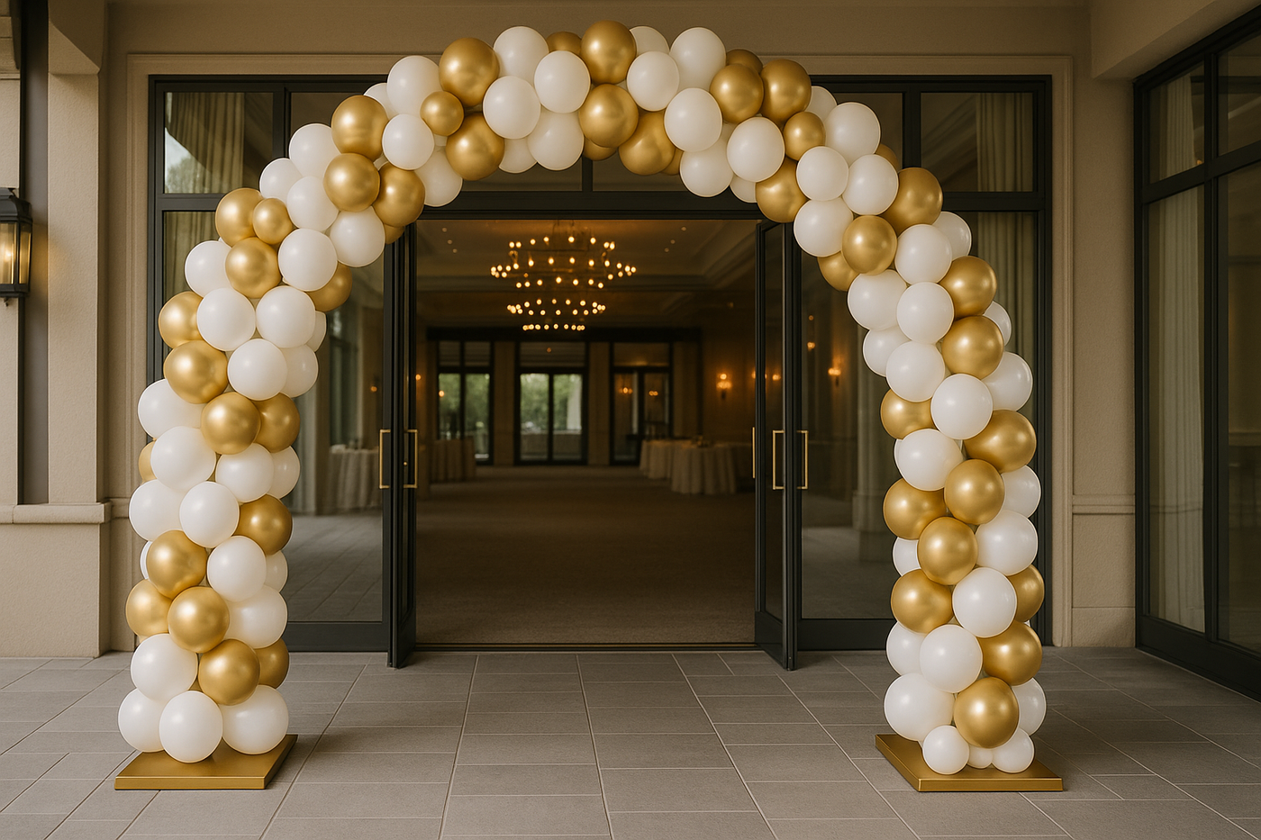 Arche de ballons professionnelle installée à l'entrée d'un événement élégant, structure dorée avec ballons blancs et dorés, installation soignée sur terrasse de réception, ambiance haut de gamme