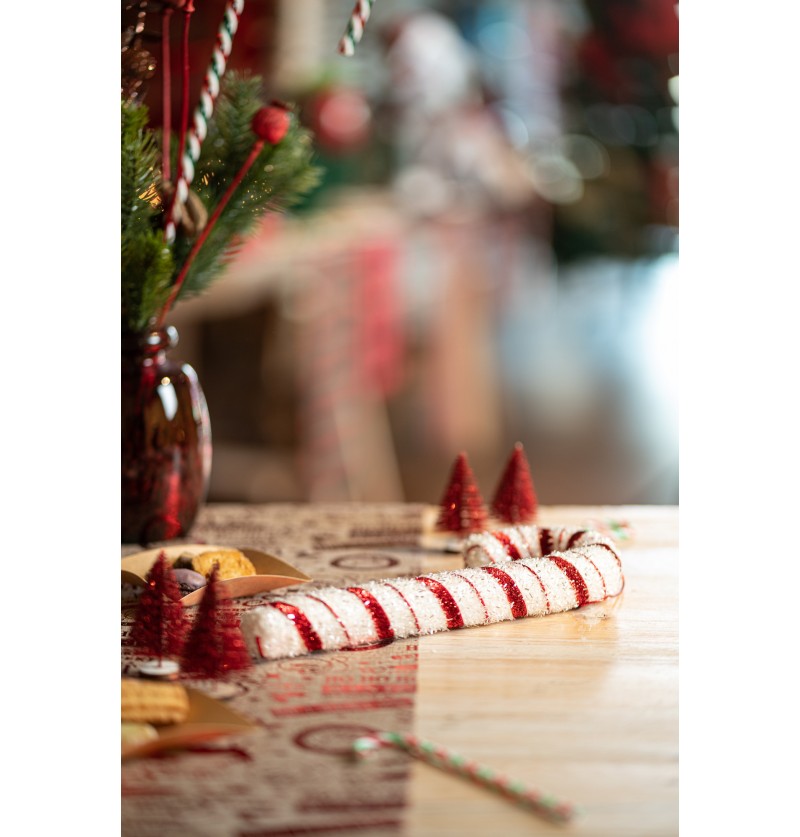 The image shows a large candy cane decoration with red and white stripes and a sparkling, glittery finish, measuring approximately 11cm x 29cm.