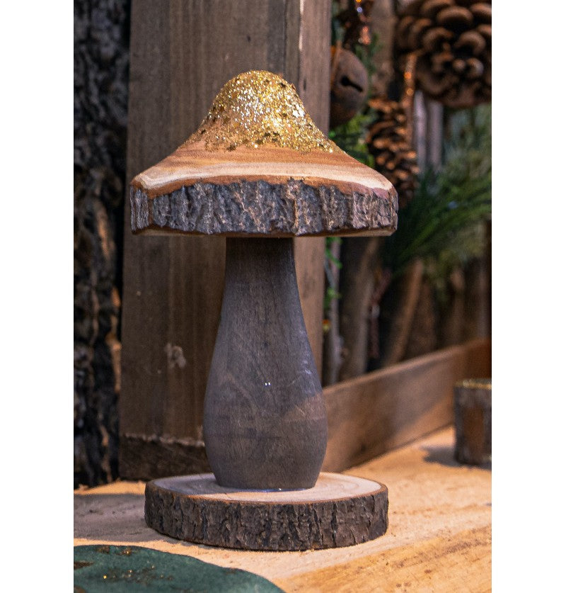 Champignon décoratif bois doré pailleté sur socle – table Noël & fête – 12,5 cm