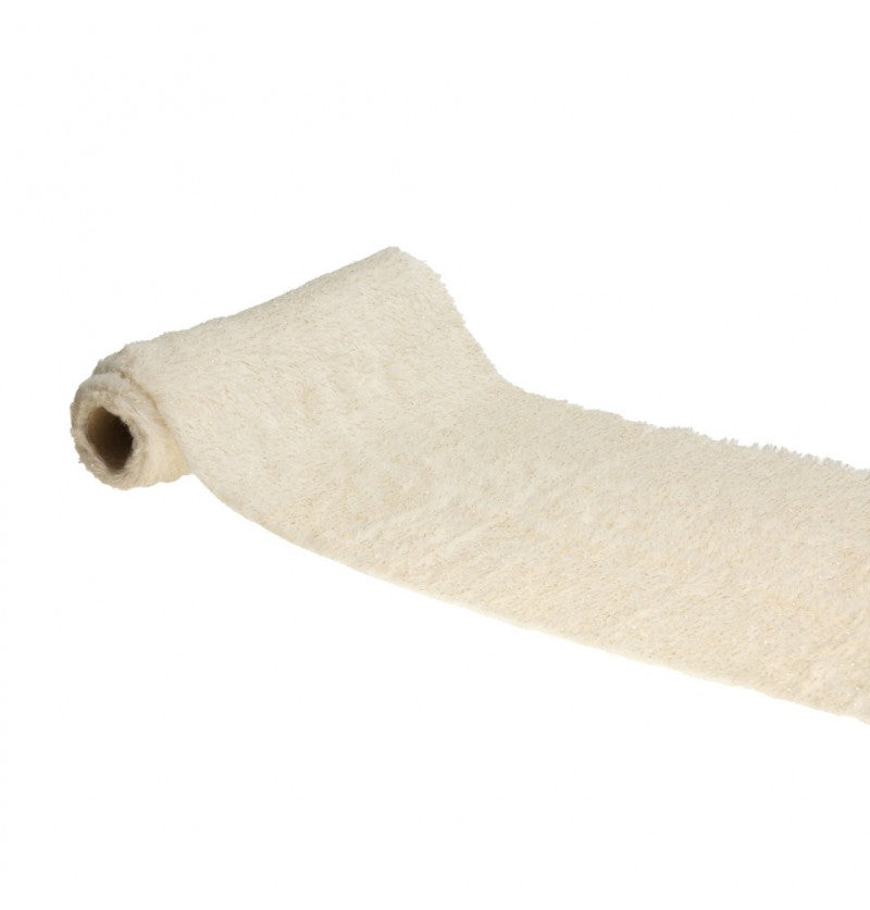 The image shows a white table runner with gold filaments, rolled out on a table, suitable for party or festive table settings.