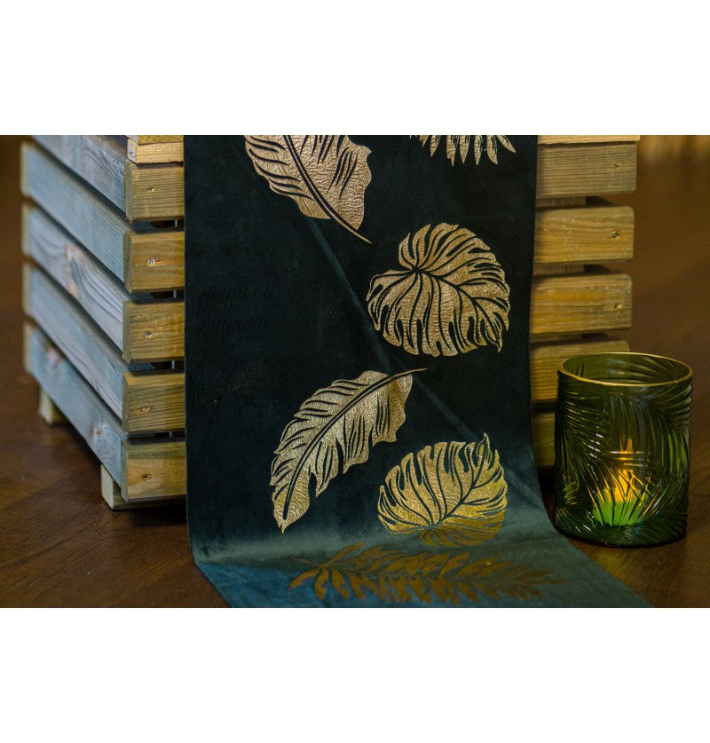 Chemin de table velours vert feuilles dorées – mariage & fêtes – 3 m x 28 cm
