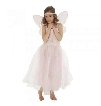 The image shows a fairy-themed costume set for children, consisting of three pieces: a dress, wings, and a wand. The costume is predominantly pink and white, with decorative elements such as glitter and tulle, suitable for a party or dress-up event.