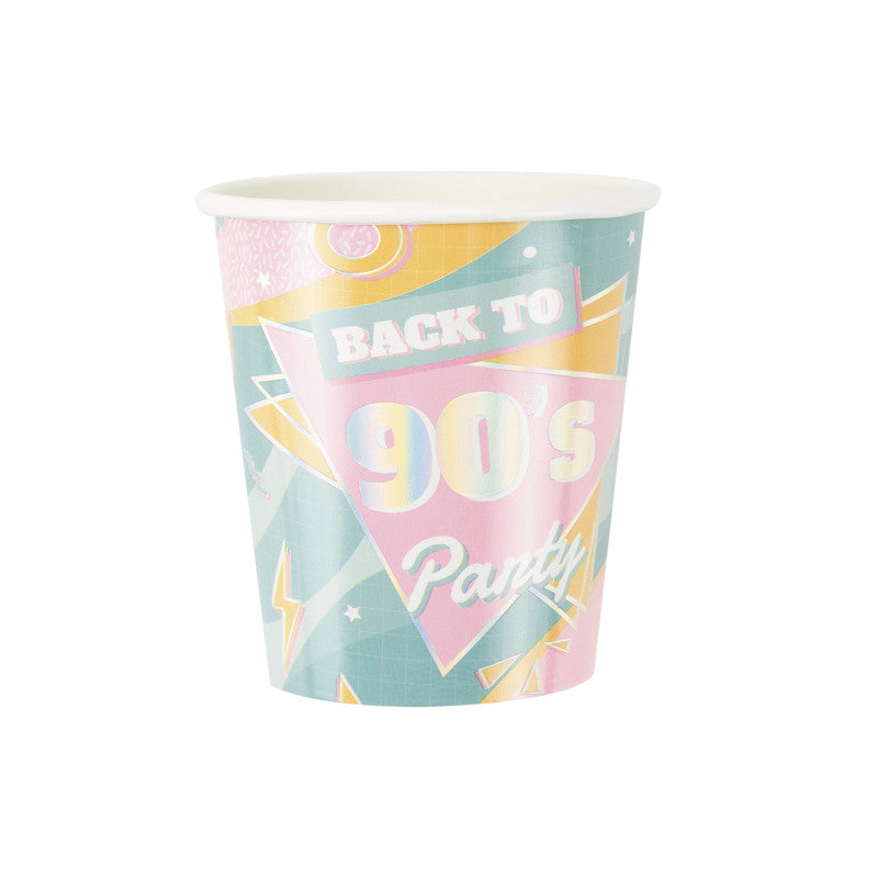 Lot de 8 gobelets jetables 300 g au motif années 90 avec détails irisés, design rétro certifié FSC, idéal pour fêtes et anniversaires