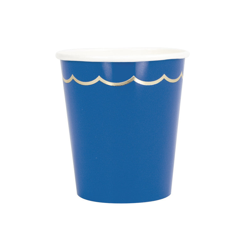 Lot de 8 gobelets festonnés 200ml bleu majorelle avec galon doré, en PLA écologique, gobelets jetables élégants pour fête, anniversaire ou mariage