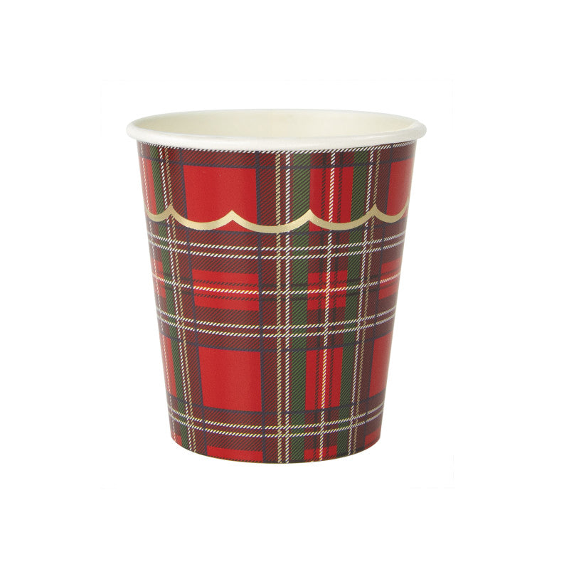 Gobelets festonnés tartan et or 200ml en carton avec film PLA compostable et biodégradable, lot de 8, vaisselle jetable idéale pour Noël et fêtes