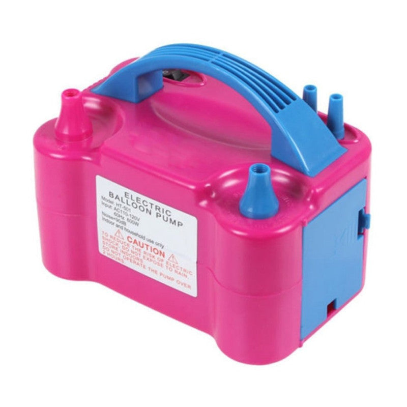 The image shows an electric balloon inflator with a double nozzle, designed for quickly inflating balloons, likely intended for party decoration setup.