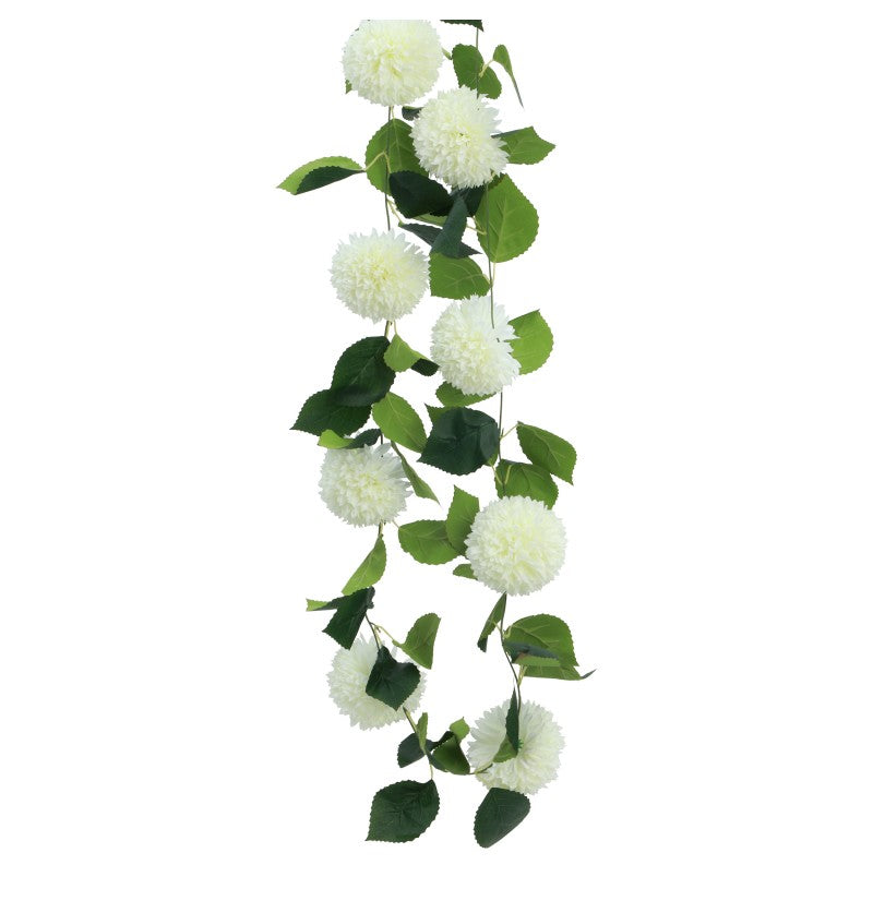 The image shows a decorative garland featuring nine white dahlia flowers arranged along a 220 cm string, suitable for party or event decoration.
