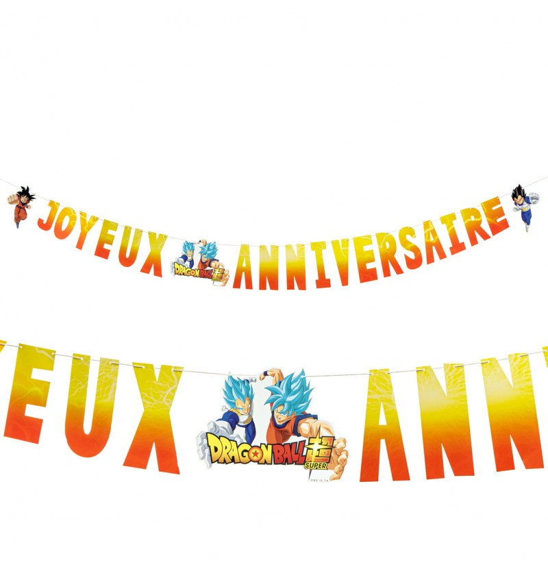 The image shows a "Joyeux Anniversaire" (Happy Birthday) garland featuring Dragon Ball Super characters, designed as a party decoration.
