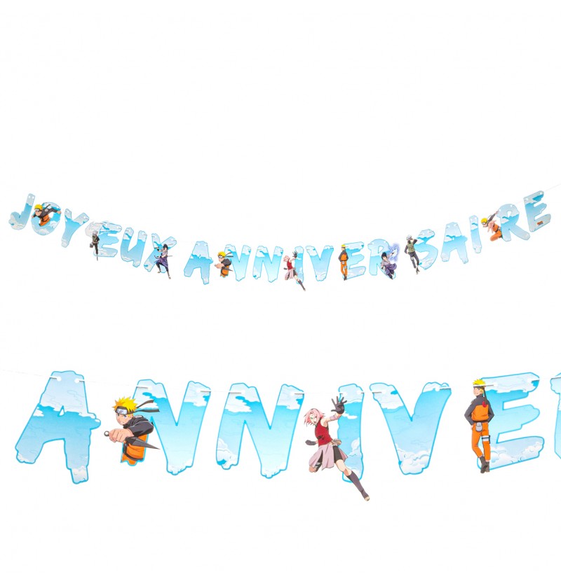 The image shows a "Joyeux Anniversaire" (Happy Birthday) garland featuring Naruto Shippuden characters, designed as a party decoration.