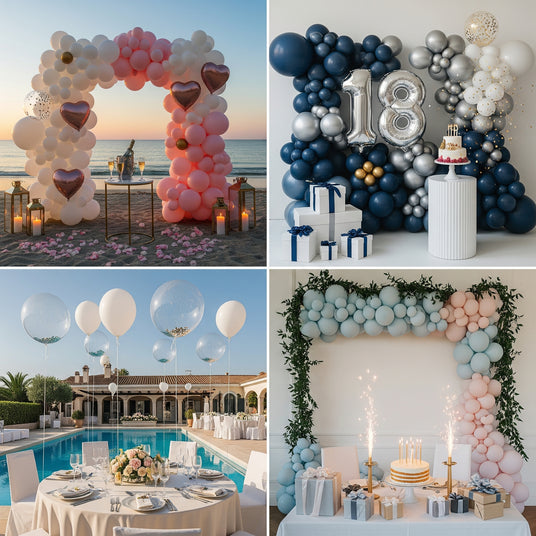 Décorations de fête élégantes avec arches de ballons, table d’anniversaire et ballons hélium pour mariage, anniversaire ou événement sur la Côte d’Azur.