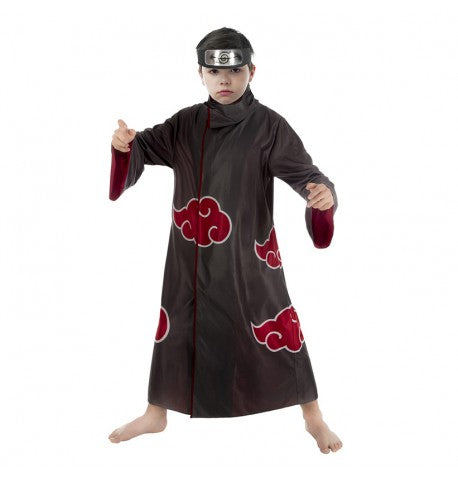 The image features a 2-piece Itachi Uchiha costume set from Naruto Shippuden, displayed on a hanger. The set includes a long black cloak with red cloud patterns and a matching headband, both iconic to the character.