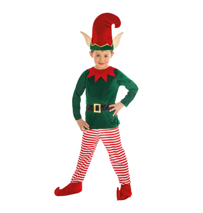 The image shows a children's elf costume set consisting of three pieces, designed with a red and green striped pattern. The set includes a pointed hat, a long-sleeved top, and matching pants, all featuring festive holiday colors and playful details.