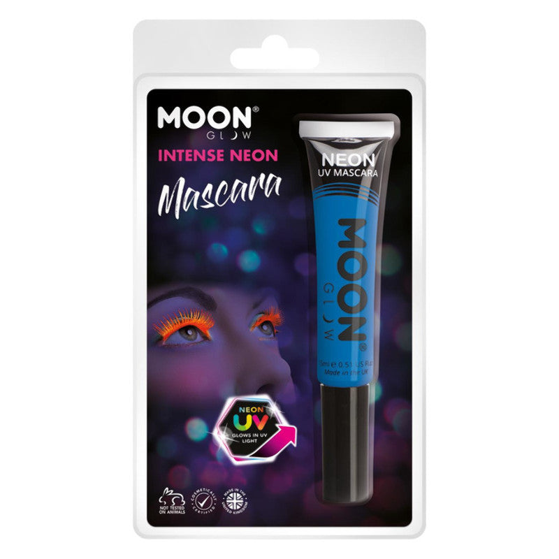 The image shows a clamshell package containing "Moon Glow Intense Neon UV Mascara" in blue, with a 15ml tube.