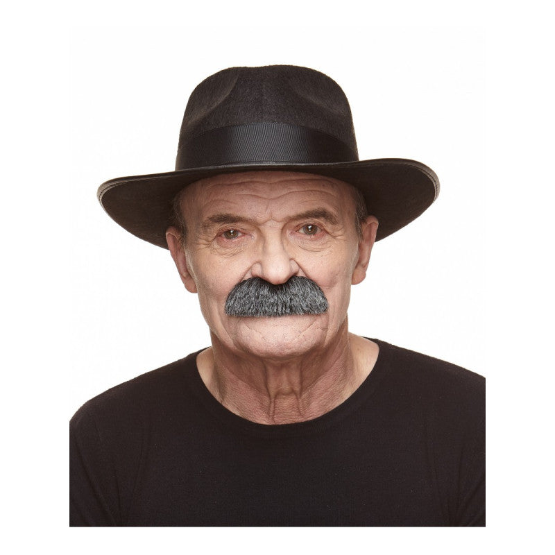 The image shows a novelty fake moustache accessory, specifically a "brosse" (brush) style in a salt-and-pepper (gray and black) color pattern, typically used for costume or party purposes.