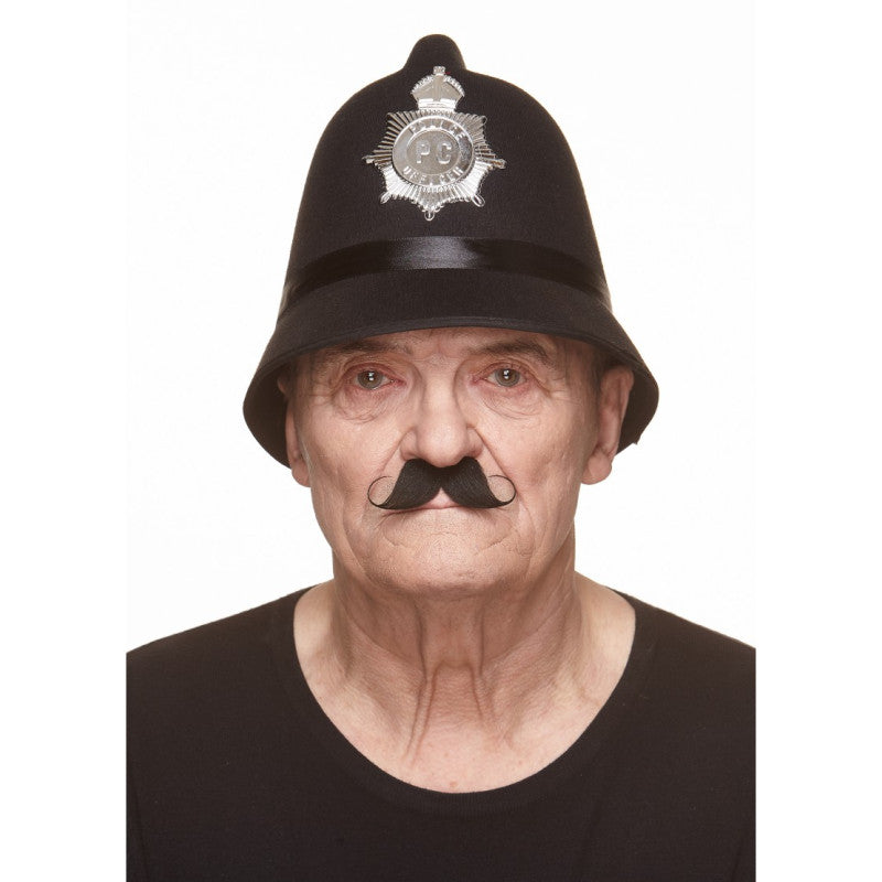 The image shows a black, classic-style fake moustache, likely intended as a costume accessory for parties or events.