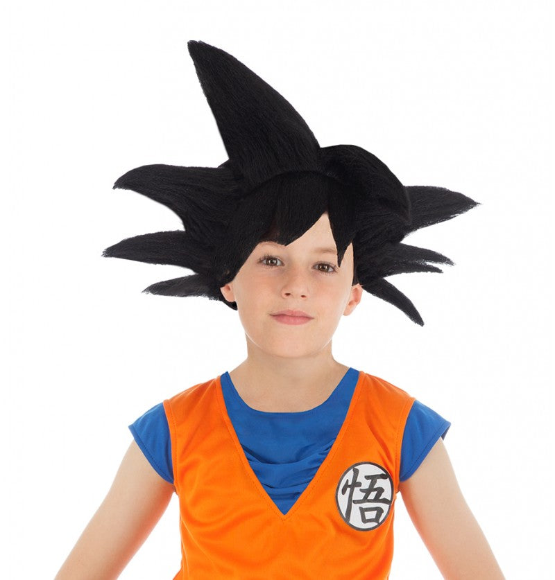The image shows a child wearing a black spiky wig styled to resemble Goku's Super Saiyan hair from Dragon Ball Z, indicating a costume accessory for themed parties.