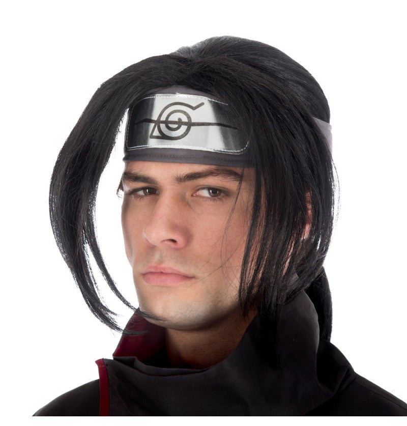 The image shows a party wig styled to resemble the character Itachi from Naruto Shippuden, featuring long, straight black hair with a center part and a red headband.