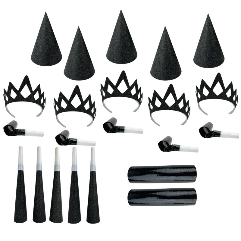 The image shows a party favor set designed for 10 people, featuring a "glitter noir mix" theme.