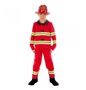 The image shows an American firefighter costume set for parties, consisting of three pieces. The costume includes a firefighter jacket, pants, and a helmet, all designed for a realistic firefighter appearance.