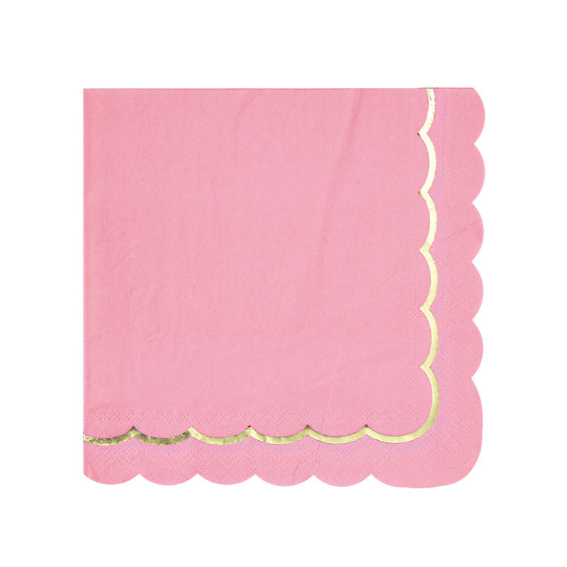 Serviettes festonnées en papier 33x33 cm rose néon avec galon doré, lot de 16, 18 g, idéales pour fêtes et anniversaires