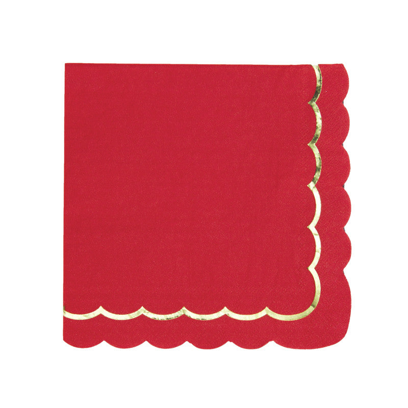 Serviettes festonnées rouges et or 33x33 cm en papier FSC, paquet de 16, 18 g, bords festonnés avec galon doré, serviettes jetables élégantes pour table de Noël et fêtes