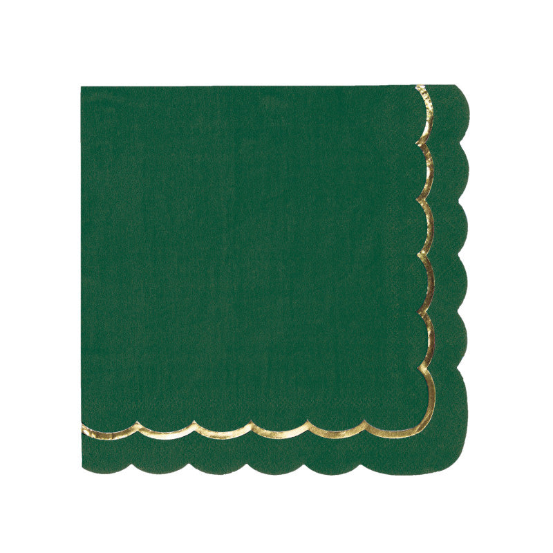 Serviettes festonnées en papier FSC 33x33 cm vert jungle avec galon doré, pack de 16, serviettes jetables design pour fêtes et anniversaires