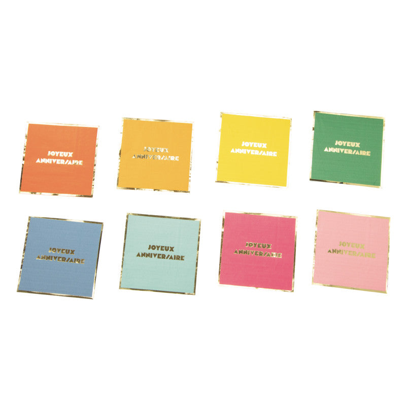 Serviettes anniversaire multicolores 33 x 33 cm, lot de 16 serviettes papier jetables 3 plis 18 g avec finition galon doré et motif exclusif, certifiées FSC pour table de fête colorée