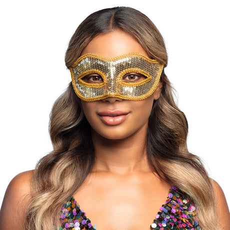 Gold Venice sequin masquerade mask for women, adult size, made of polystyrene, PET, and polyester, elegant party accessory.
