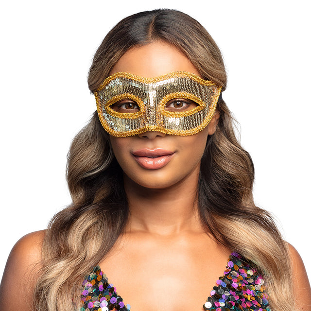 Gold Venice sequin masquerade mask for women, adult size, made of polystyrene, PET, and polyester, elegant party accessory.