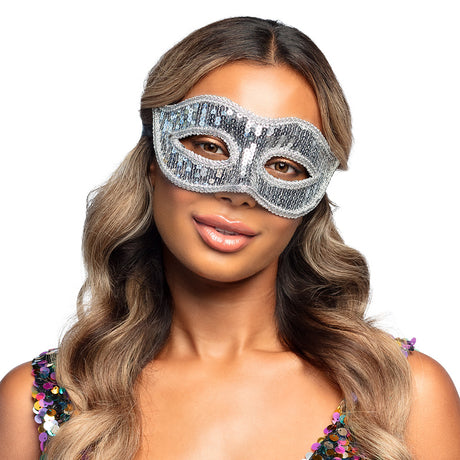 Silver Venice sequin masquerade mask for women, adult size, made of polystyrene, PET, and polyester, elegant party accessory.