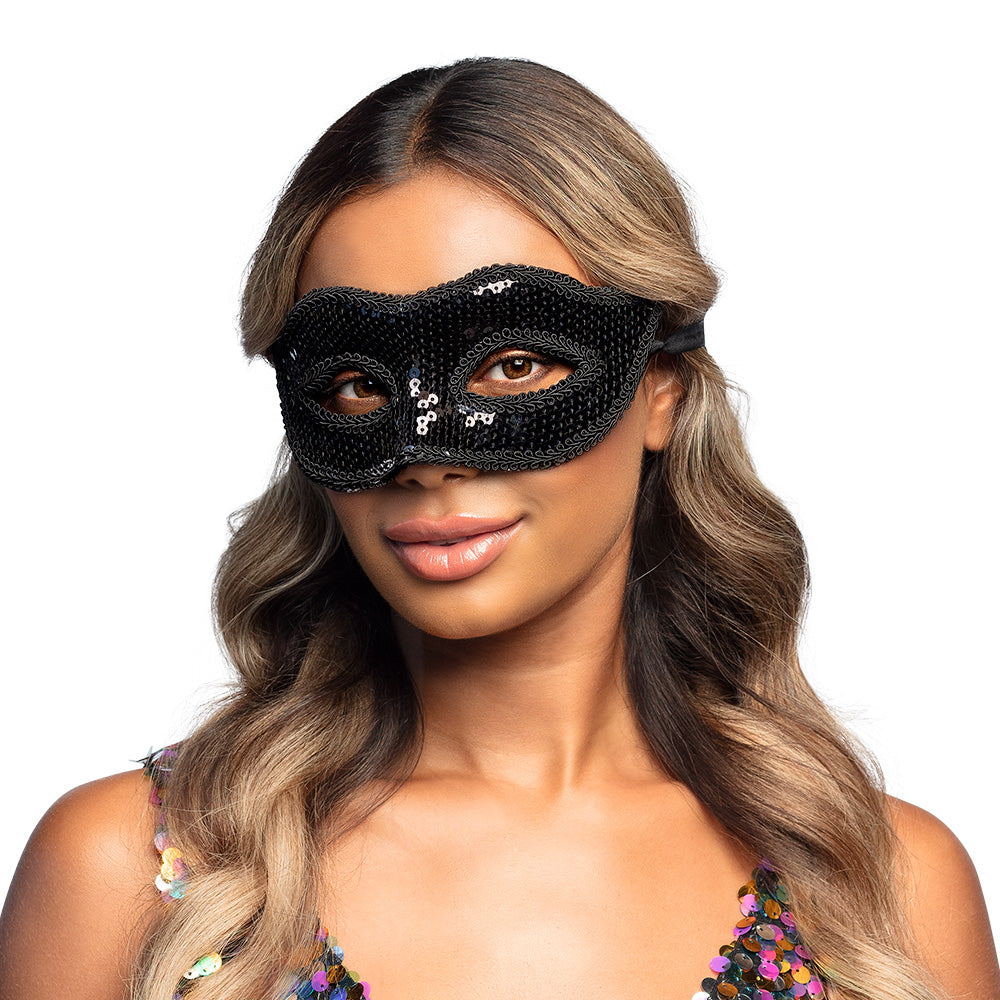 Black Venice sequin masquerade mask for women, adult size, made of polystyrene, PET, and polyester, elegant party accessory.
