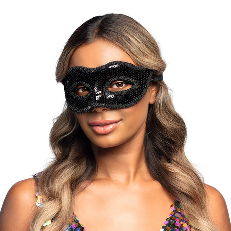 Black Venice sequin masquerade mask for women, adult size, made of polystyrene, PET, and polyester, elegant party accessory.