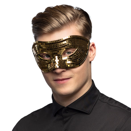 Gold disco mask for women, 80s style party accessory made of polystyrene, acrylic, and polyester, adult size, ideal for costume events and themed celebrations.
