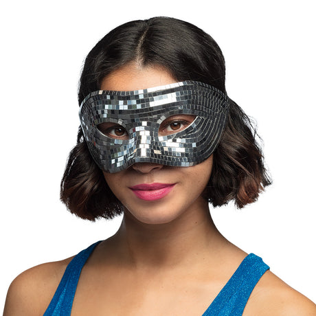 Silver disco mask for women, 80s party accessory, adult costume mask made of polystyrene, acrylic, and polyester.