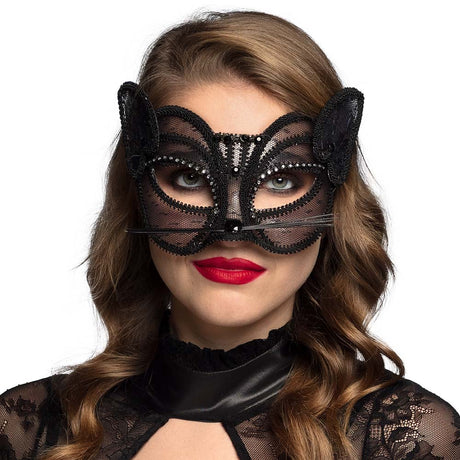Black lace cat mask for women, luxury masquerade costume accessory for adults, elegant PVC and polyester material, perfect for parties and events.