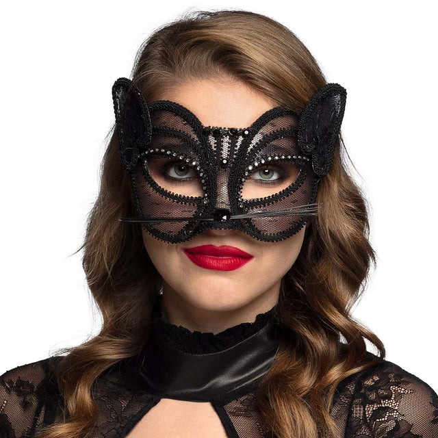 Black lace cat mask for women, luxury masquerade costume accessory for adults, elegant PVC and polyester material, perfect for parties and events.