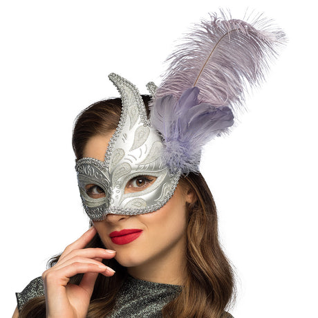 Silver Venetian baroque masquerade mask for women with ostrich and cock feathers, elegant adult costume accessory.