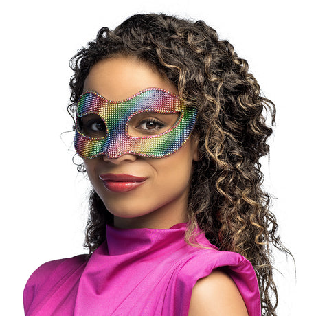 Prisma mask for adults in rainbow colors, made of polystyrene, acrylic, and polyester, ideal for festivals and parties, suitable for men and women.