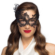 Black lace masquerade mask for women, elegant adult costume accessory made of 100% polyester, perfect for parties and events.
