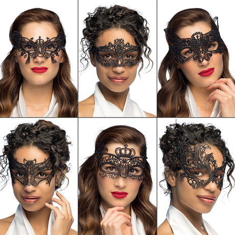 Set of six lace masquerade masks for women, made of 100% polyester, assorted designs, ideal for adult costume parties and events.
