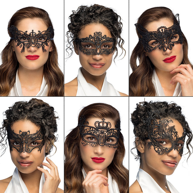 Set of six lace masquerade masks for women, made of 100% polyester, assorted designs, ideal for adult costume parties and events.