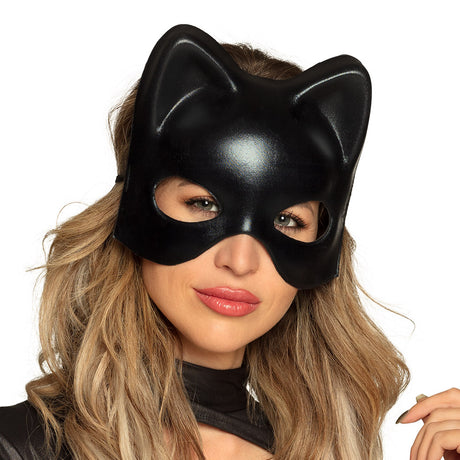 Cat half mask for adults made of 100% polyester, suitable for men and women, displayed on a hanging card, ideal for costume parties and masquerade events.