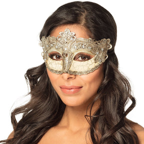 Gold baroque Venice masquerade mask for women, adult size, made of polystyrene, polyester, and acrylic, elegant costume accessory.