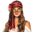 Venetian pirate half mask for women made of polyester, polystyrene, and chicken feathers, adult costume accessory for pirate themed parties.