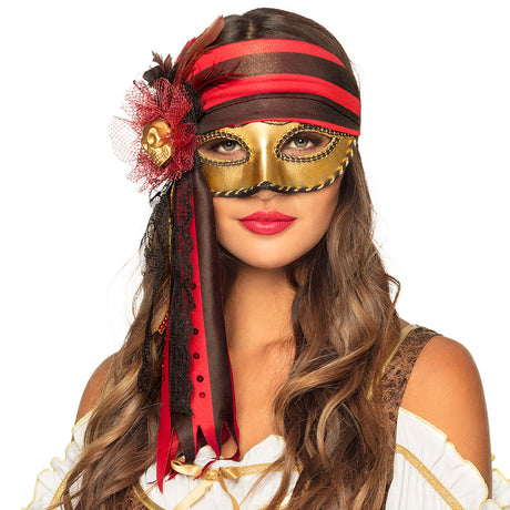 Venetian pirate half mask for women made of polyester, polystyrene, and chicken feathers, adult costume accessory for pirate themed parties.